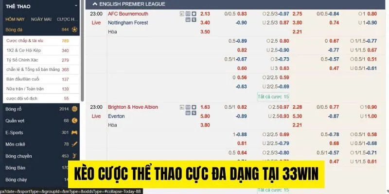 Kèo cược thể thao cực đa dạng tại 33win